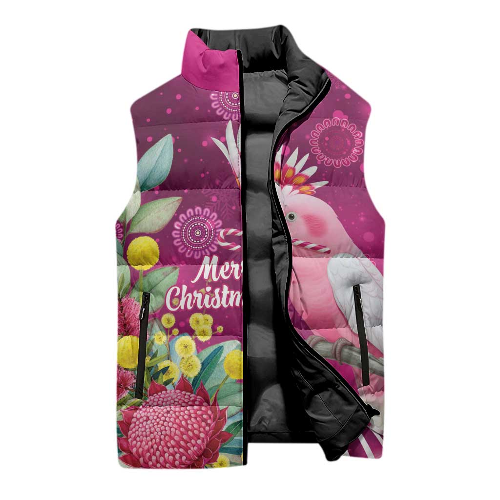 Australia Pink Cockatoo Christmas Sleeveless Puffer Jacket Aussie Native Flowers Merry Xmas - Pink - Aussie Hoodie