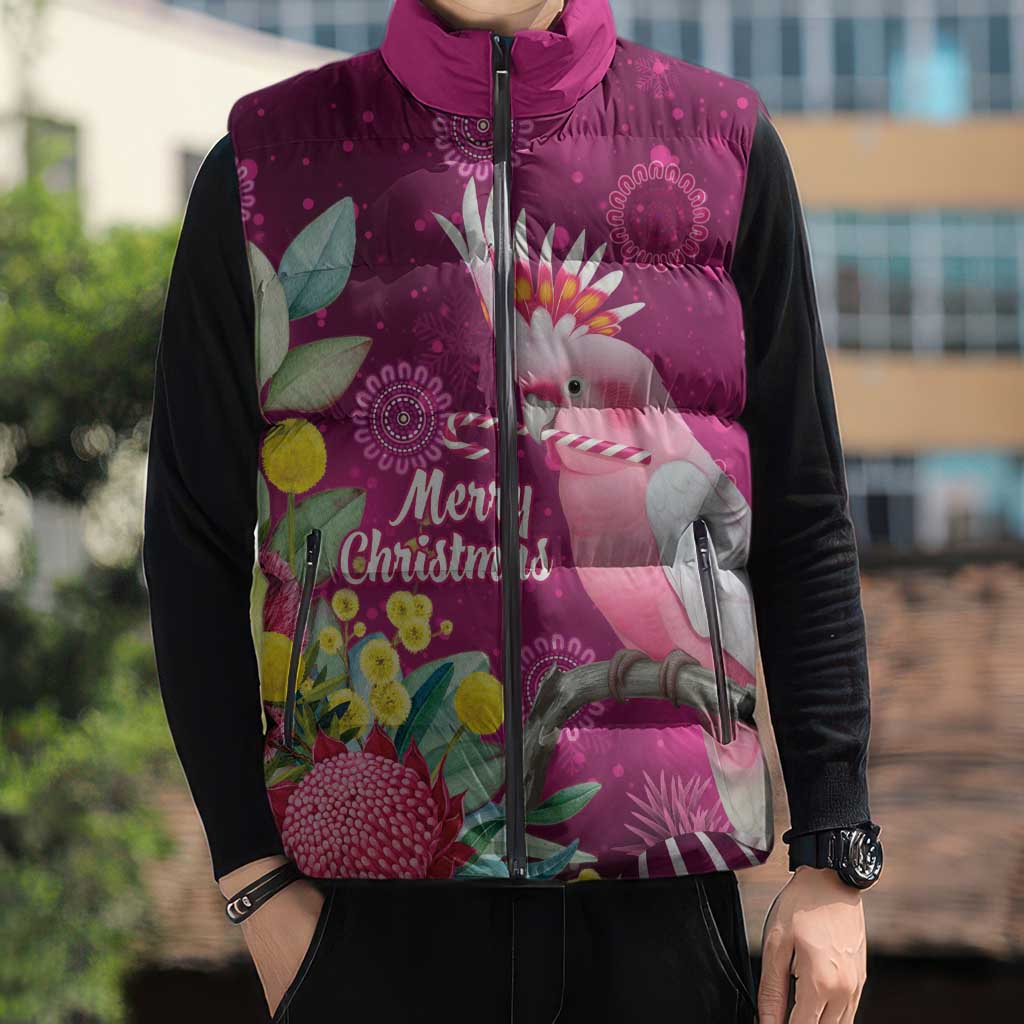 Australia Pink Cockatoo Christmas Sleeveless Puffer Jacket Aussie Native Flowers Merry Xmas - Pink - Aussie Hoodie