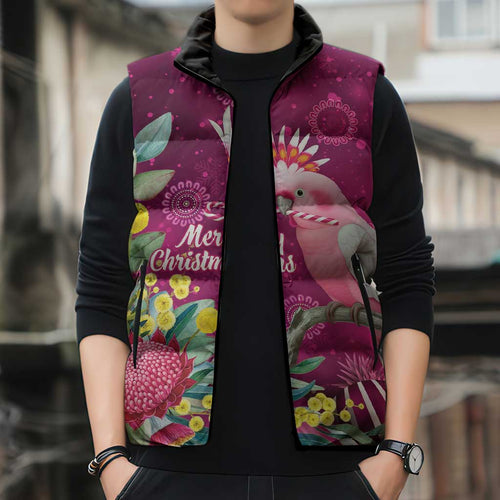 Australia Pink Cockatoo Christmas Sleeveless Puffer Jacket Aussie Native Flowers Merry Xmas - Pink - Aussie Hoodie