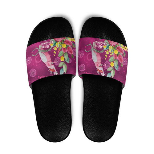 Australia Pink Cockatoo Christmas Slide Sandals Aussie Native Flowers Merry Xmas - Pink - Aussie Hoodie