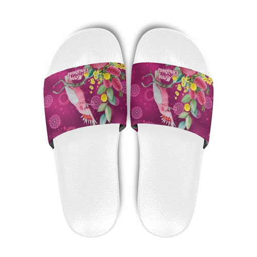 Australia Pink Cockatoo Christmas Slide Sandals Aussie Native Flowers Merry Xmas - Pink - Aussie Hoodie