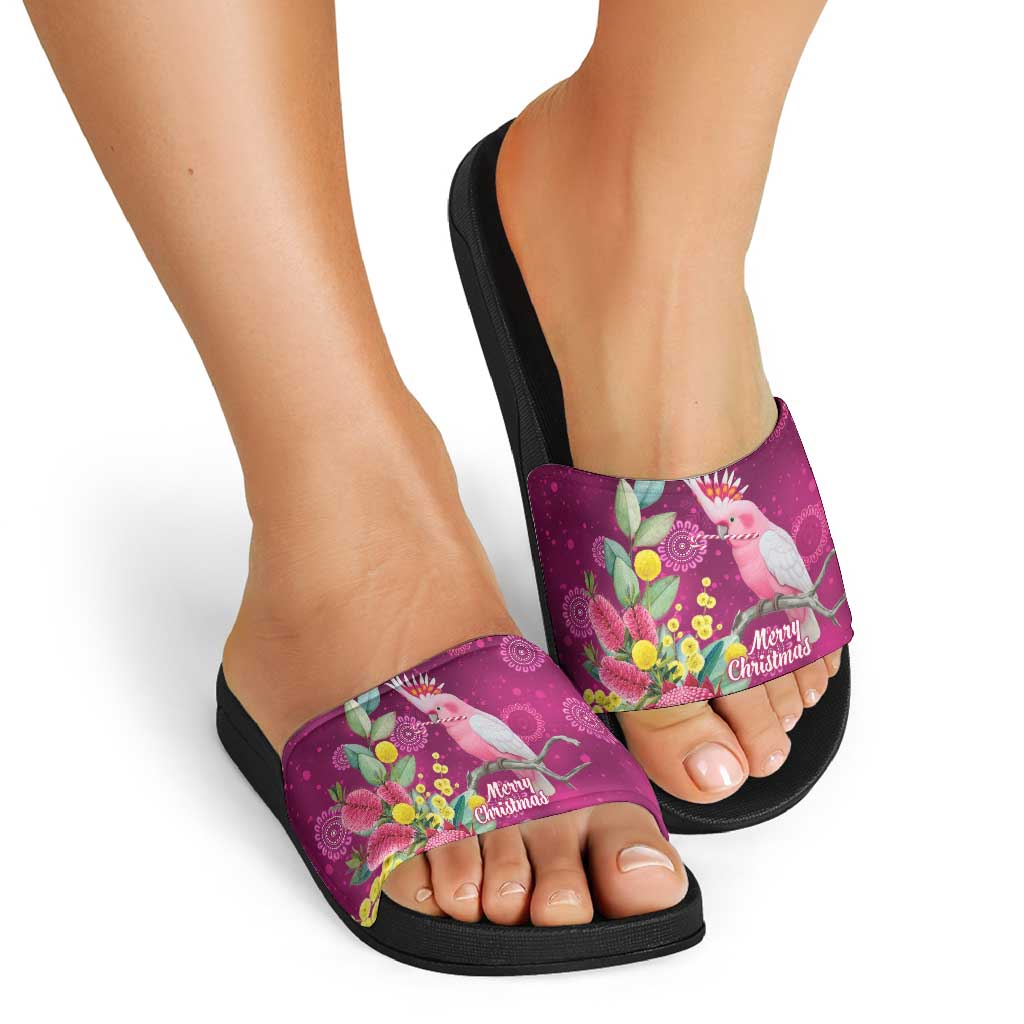 Australia Pink Cockatoo Christmas Slide Sandals Aussie Native Flowers Merry Xmas - Pink - Aussie Hoodie