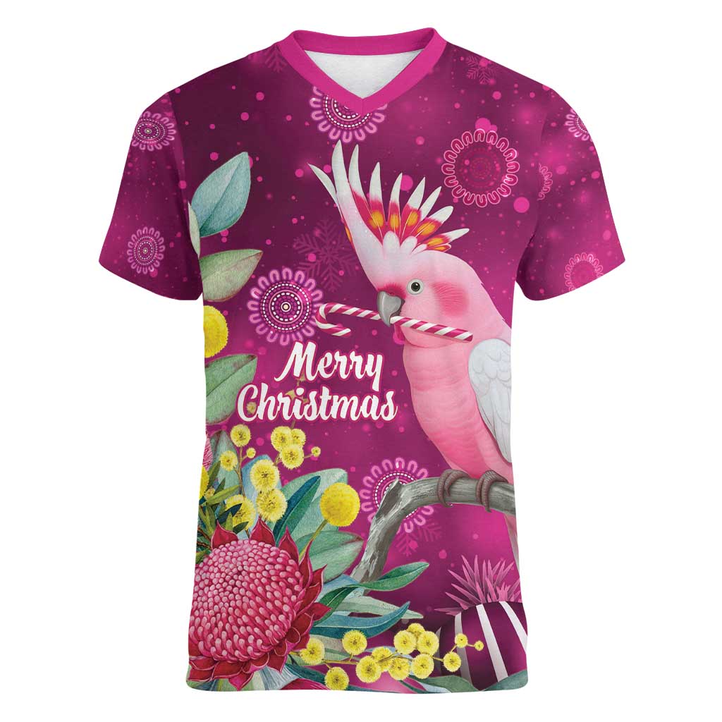 Australia Pink Cockatoo Christmas Women V-Neck T-Shirt Aussie Native Flowers Merry Xmas - Pink - Aussie Hoodie