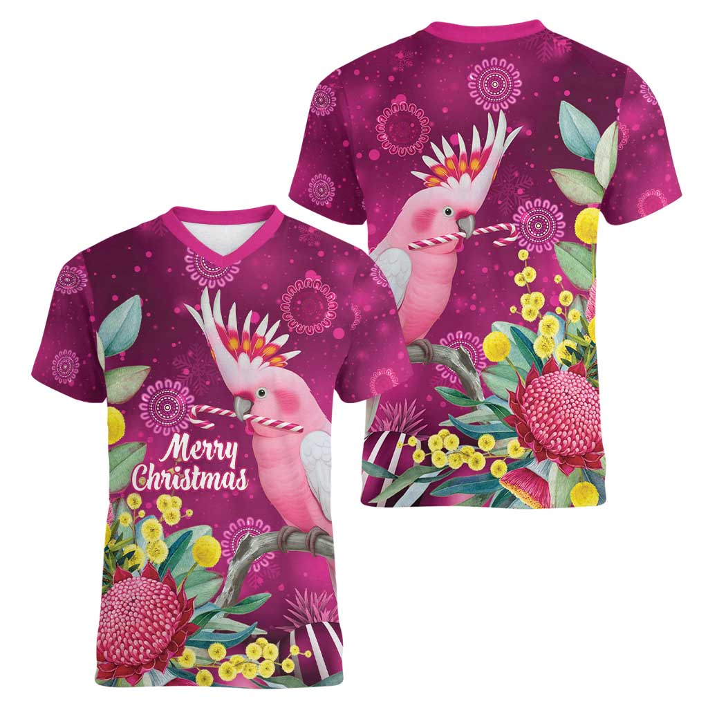Australia Pink Cockatoo Christmas Women V-Neck T-Shirt Aussie Native Flowers Merry Xmas - Pink - Aussie Hoodie
