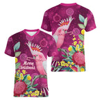 Australia Pink Cockatoo Christmas Women V-Neck T-Shirt Aussie Native Flowers Merry Xmas - Pink - Aussie Hoodie