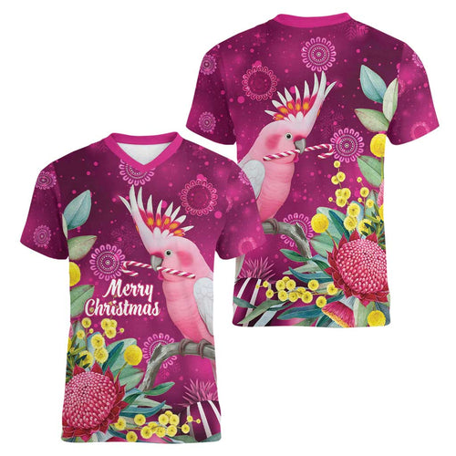 Australia Pink Cockatoo Christmas Women V-Neck T-Shirt Aussie Native Flowers Merry Xmas - Pink - Aussie Hoodie