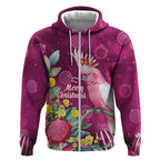 Australia Pink Cockatoo Christmas Zip Hoodie Aussie Native Flowers Merry Xmas - Pink - Aussie Hoodie