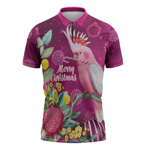 Australia Pink Cockatoo Christmas Zipper Polo Shirt Aussie Native Flowers Merry Xmas - Pink - Aussie Hoodie