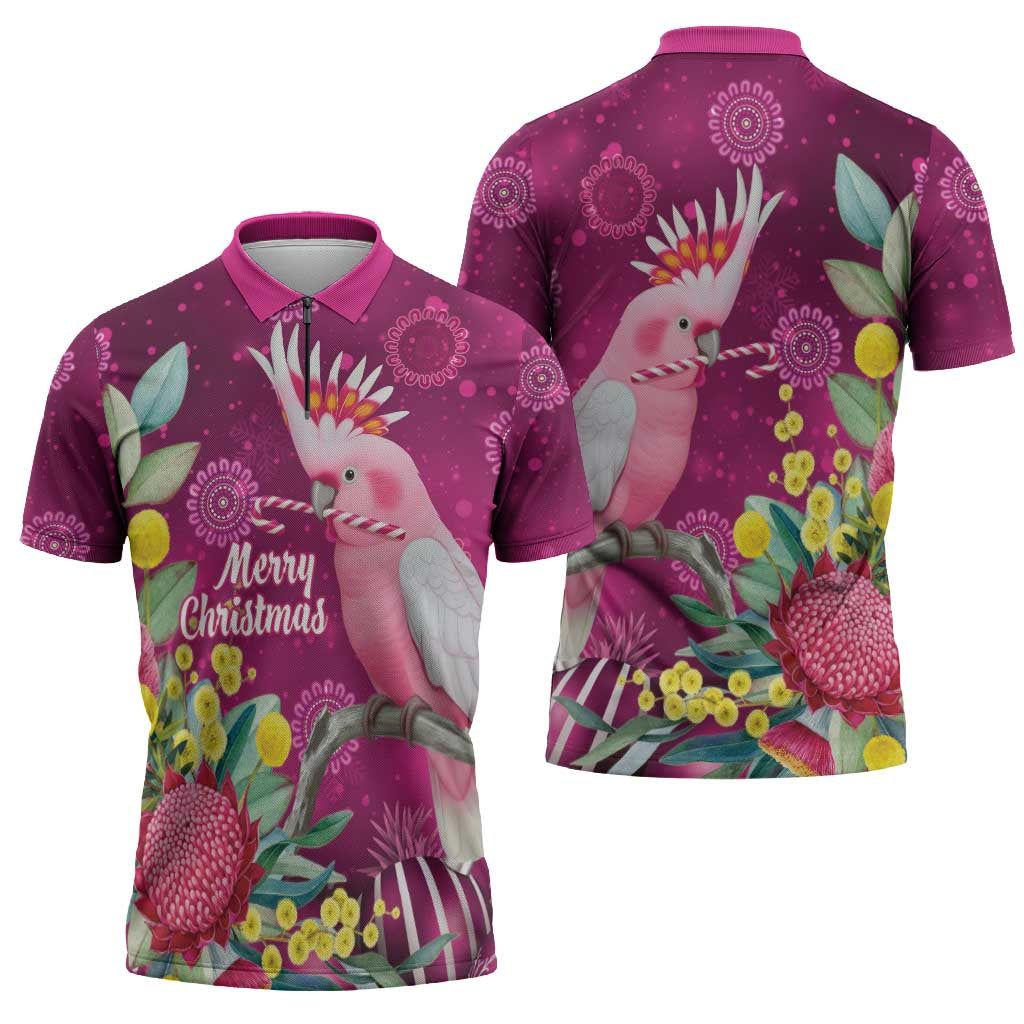 Australia Pink Cockatoo Christmas Zipper Polo Shirt Aussie Native Flowers Merry Xmas - Pink - Aussie Hoodie