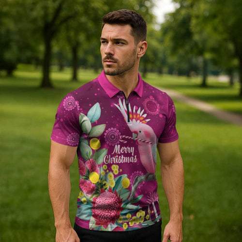Australia Pink Cockatoo Christmas Zipper Polo Shirt Aussie Native Flowers Merry Xmas - Pink - Aussie Hoodie