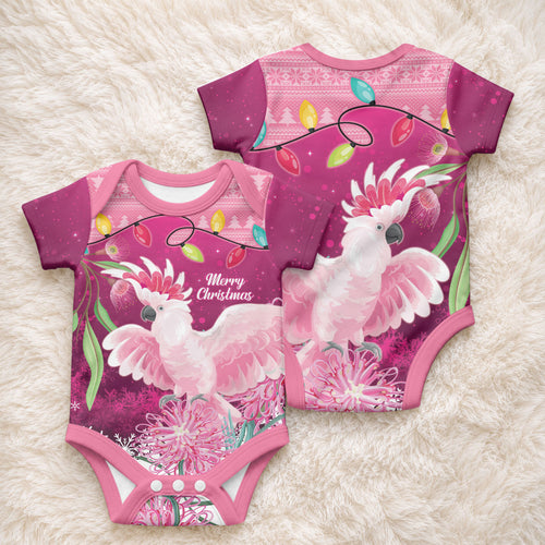 Pink Cockatoo Australia Christmas Baby Onesie Grevillea Eucalyptus Blossoms