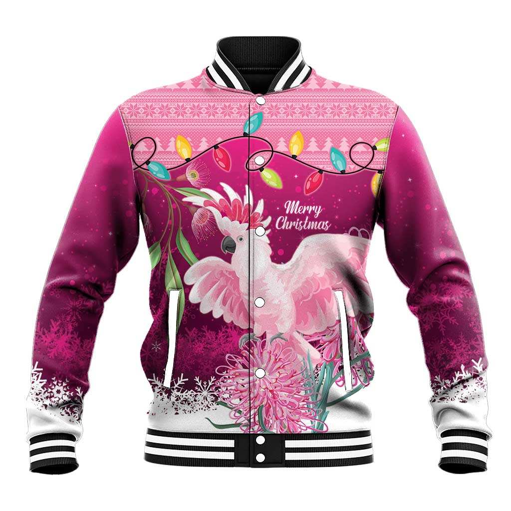 Pink Cockatoo Australia Christmas Baseball Jacket Grevillea Eucalyptus Blossoms - Aussie Hoodie