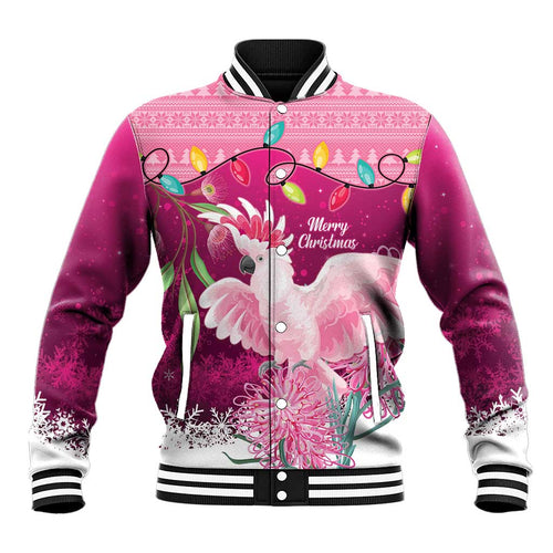 Pink Cockatoo Australia Christmas Baseball Jacket Grevillea Eucalyptus Blossoms - Aussie Hoodie