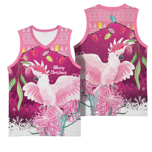 Pink Cockatoo Australia Christmas Basketball Jersey Grevillea Eucalyptus Blossoms - Aussie Hoodie