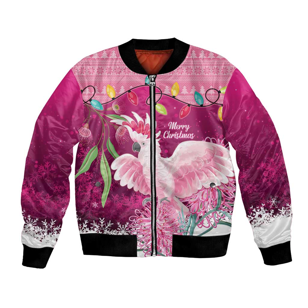 Pink Cockatoo Australia Christmas Bomber Jacket Grevillea Eucalyptus Blossoms - Aussie Hoodie