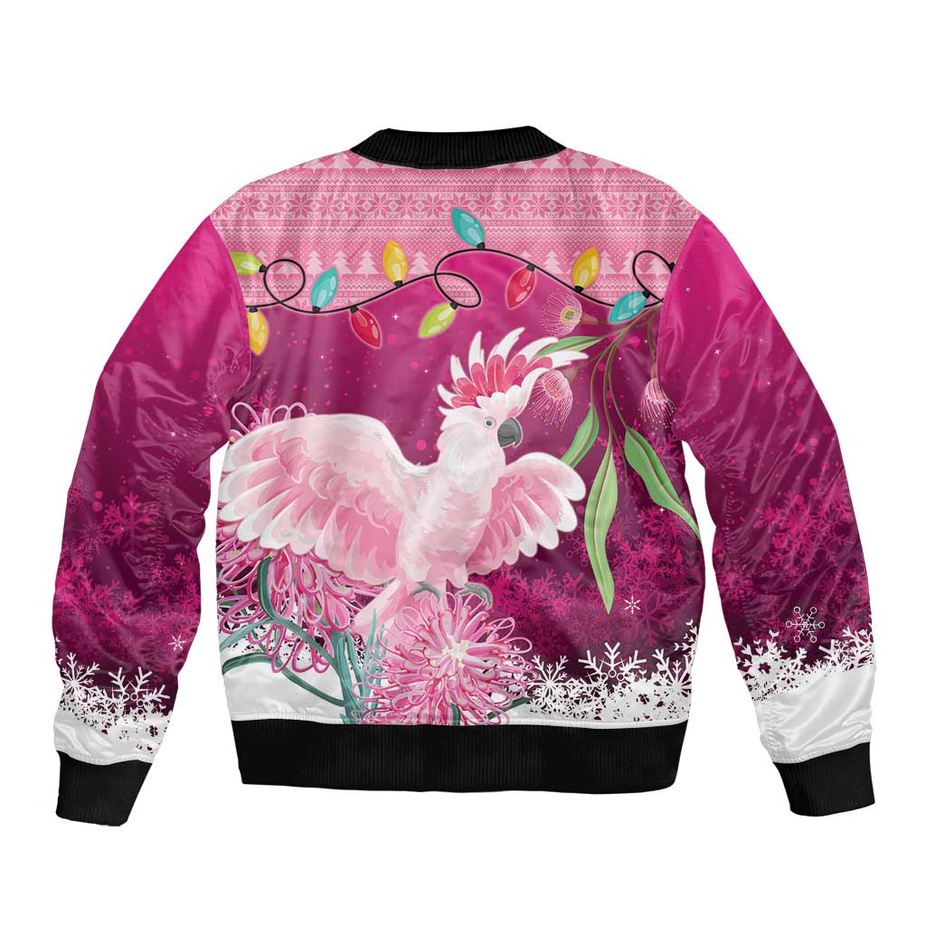 Pink Cockatoo Australia Christmas Bomber Jacket Grevillea Eucalyptus Blossoms - Aussie Hoodie