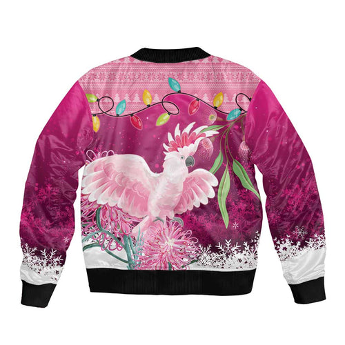 Pink Cockatoo Australia Christmas Bomber Jacket Grevillea Eucalyptus Blossoms - Aussie Hoodie