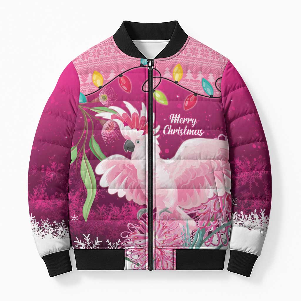 Pink Cockatoo Australia Christmas Bomber Puffer Jacket Grevillea Eucalyptus Blossoms - Aussie Hoodie