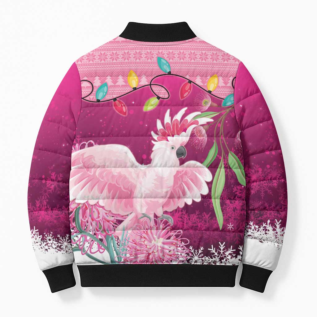 Pink Cockatoo Australia Christmas Bomber Puffer Jacket Grevillea Eucalyptus Blossoms - Aussie Hoodie