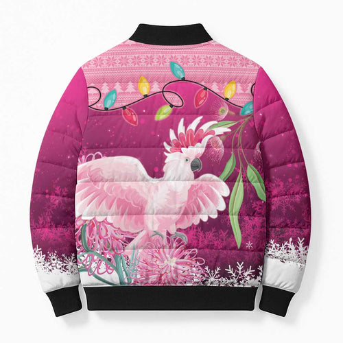 Pink Cockatoo Australia Christmas Bomber Puffer Jacket Grevillea Eucalyptus Blossoms - Aussie Hoodie