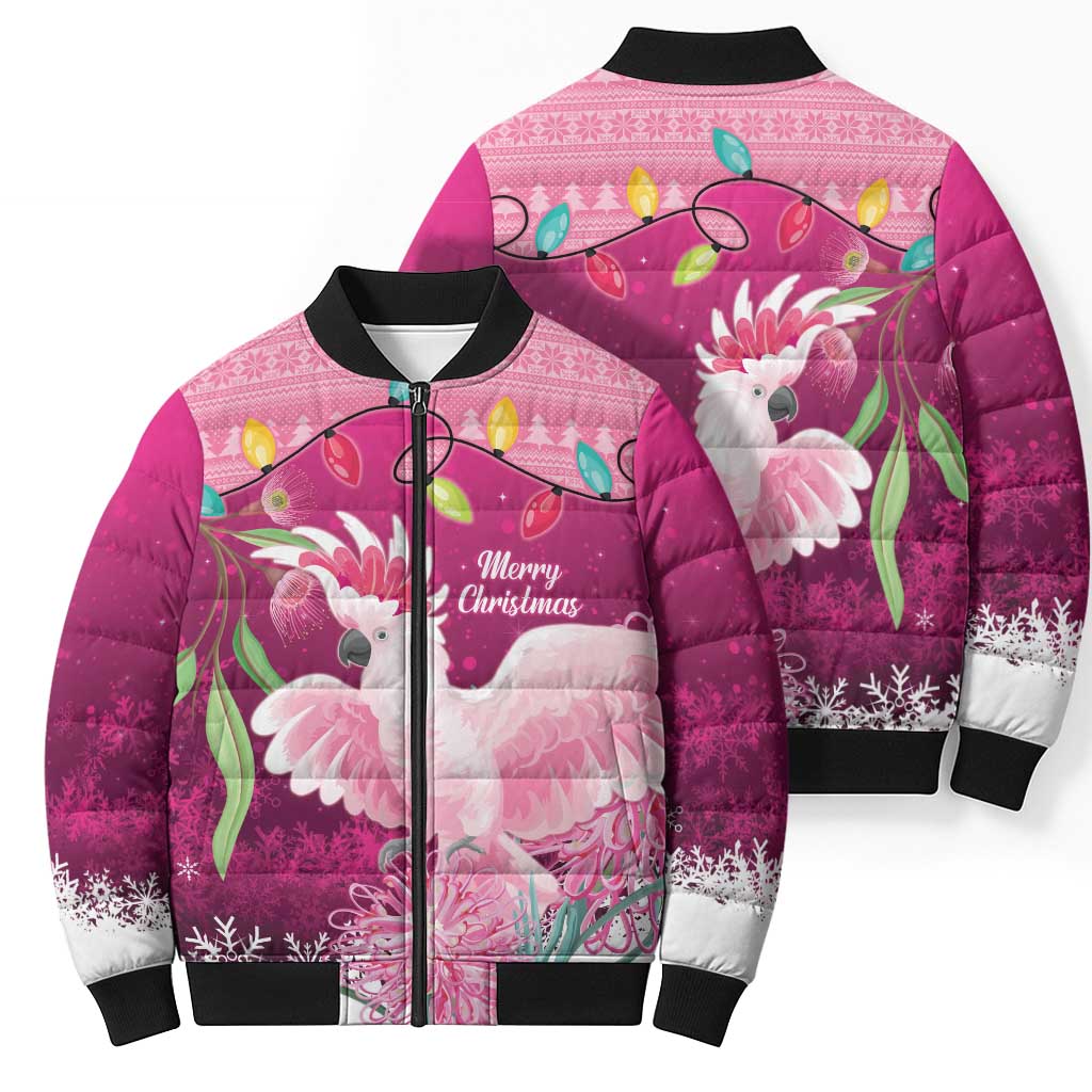 Pink Cockatoo Australia Christmas Bomber Puffer Jacket Grevillea Eucalyptus Blossoms - Aussie Hoodie