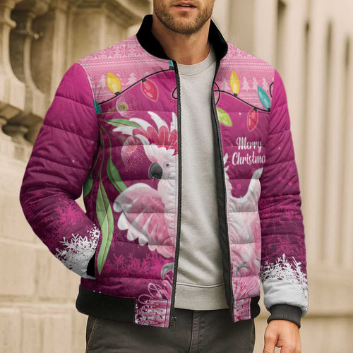 Pink Cockatoo Australia Christmas Bomber Puffer Jacket Grevillea Eucalyptus Blossoms - Aussie Hoodie