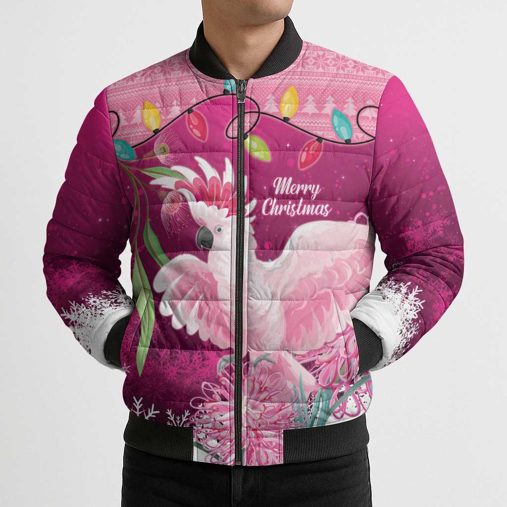 Pink Cockatoo Australia Christmas Bomber Puffer Jacket Grevillea Eucalyptus Blossoms - Aussie Hoodie