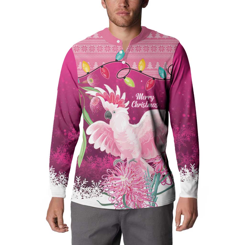 Pink Cockatoo Australia Christmas Button Sweatshirt Grevillea Eucalyptus Blossoms - Aussie Hoodie
