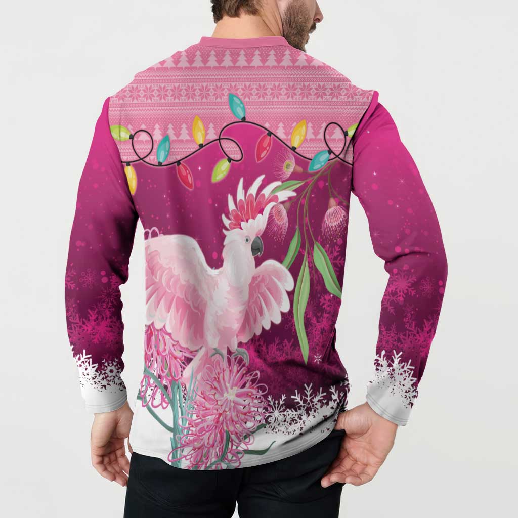 Pink Cockatoo Australia Christmas Button Sweatshirt Grevillea Eucalyptus Blossoms - Aussie Hoodie