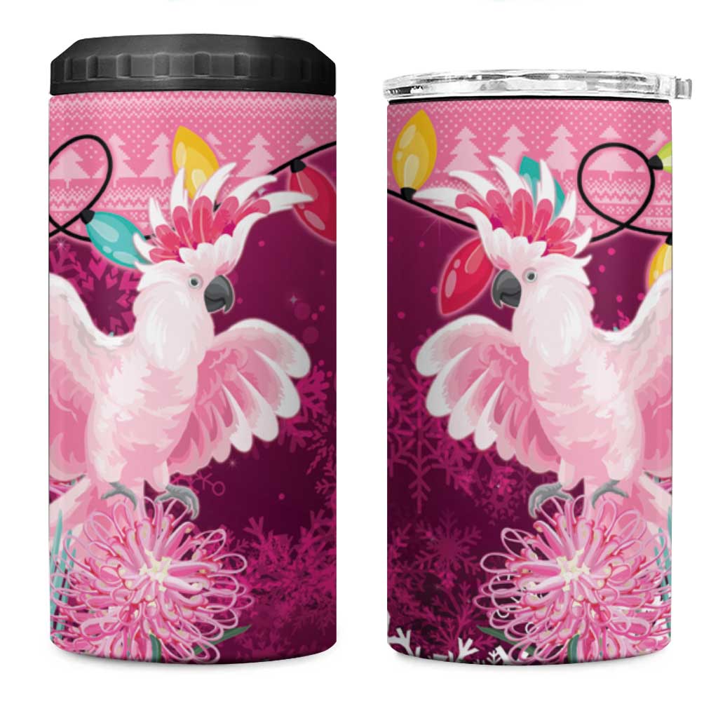 Pink Cockatoo Australia Christmas 4 in 1 Can Cooler Tumbler Grevillea Eucalyptus Blossoms - Aussie Hoodie