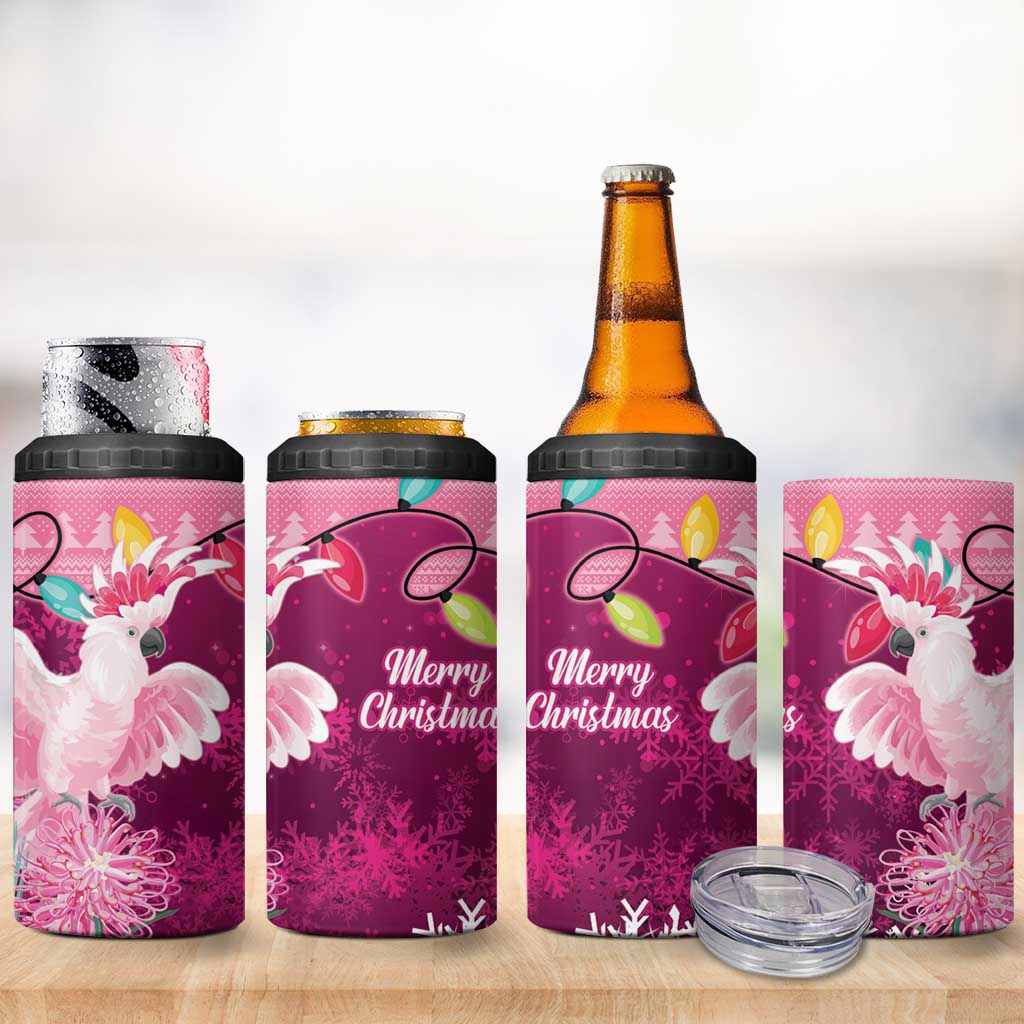 Pink Cockatoo Australia Christmas 4 in 1 Can Cooler Tumbler Grevillea Eucalyptus Blossoms - Aussie Hoodie