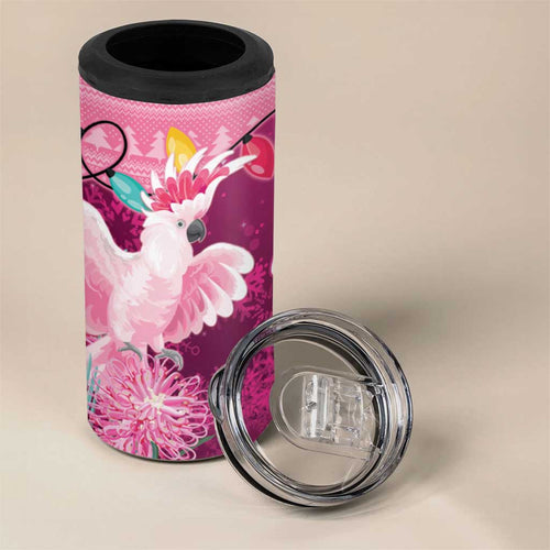 Pink Cockatoo Australia Christmas 4 in 1 Can Cooler Tumbler Grevillea Eucalyptus Blossoms - Aussie Hoodie