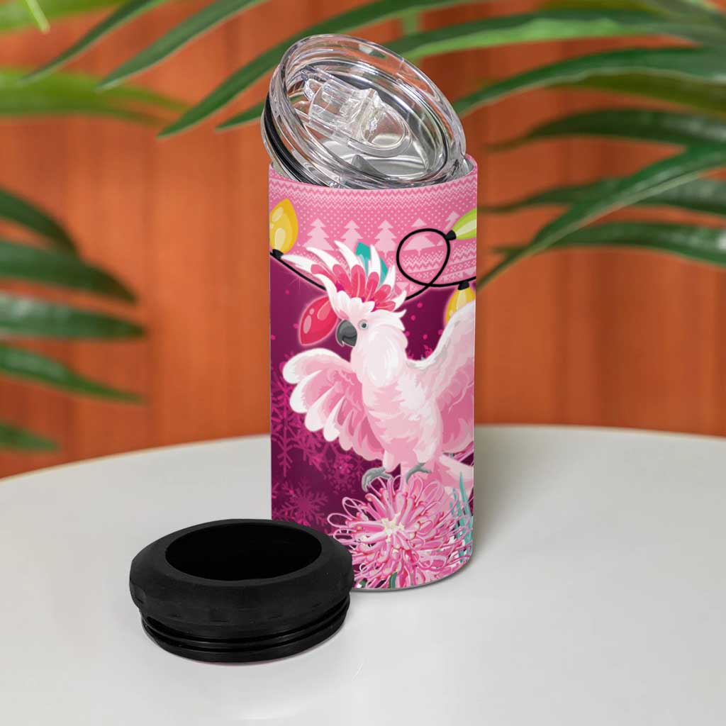 Pink Cockatoo Australia Christmas 4 in 1 Can Cooler Tumbler Grevillea Eucalyptus Blossoms - Aussie Hoodie