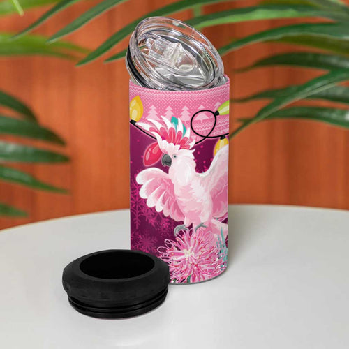 Pink Cockatoo Australia Christmas 4 in 1 Can Cooler Tumbler Grevillea Eucalyptus Blossoms - Aussie Hoodie