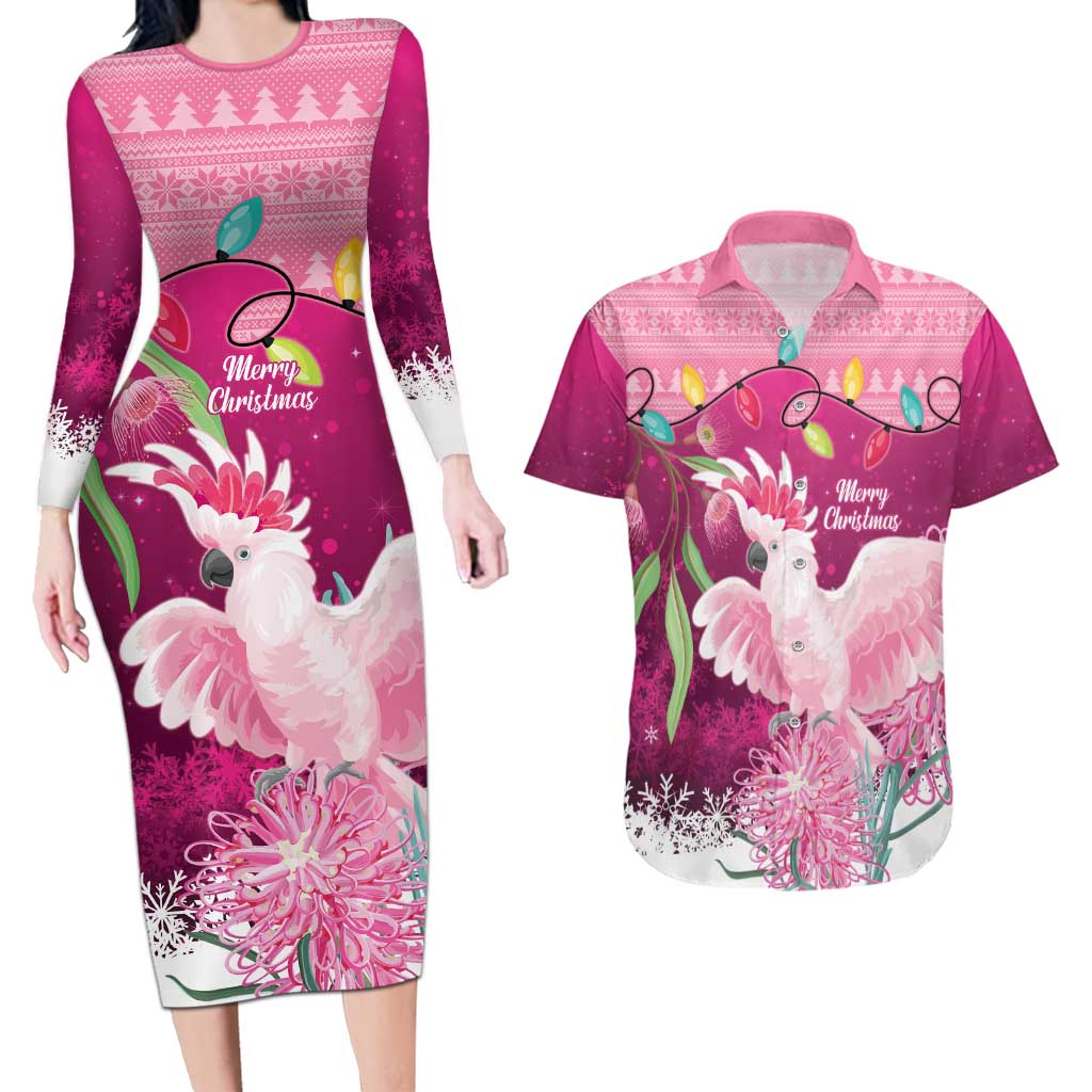 Pink Cockatoo Australia Christmas Couples Matching Long Sleeve Bodycon Dress and Hawaiian Shirt Grevillea Eucalyptus Blossoms - Aussie Hoodie
