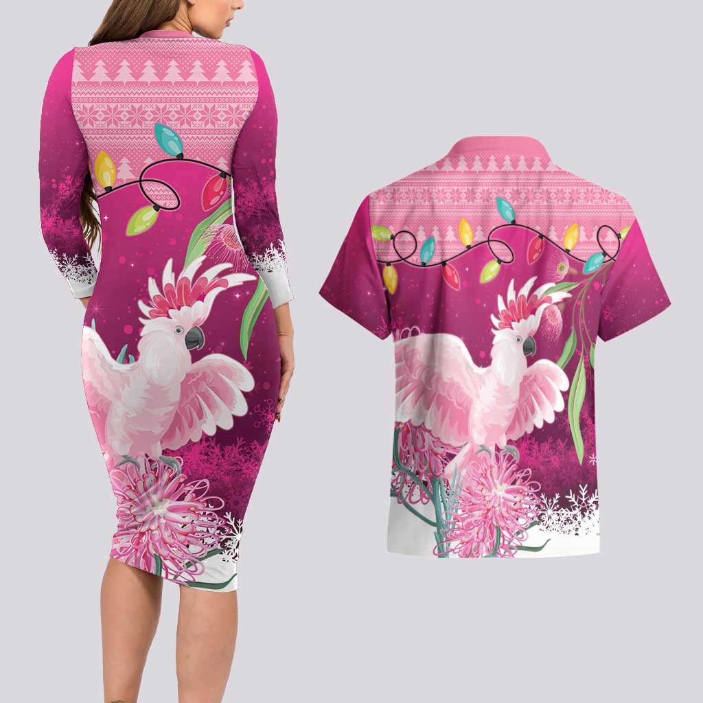 Pink Cockatoo Australia Christmas Couples Matching Long Sleeve Bodycon Dress and Hawaiian Shirt Grevillea Eucalyptus Blossoms - Aussie Hoodie