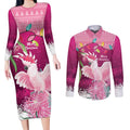 Pink Cockatoo Australia Christmas Couples Matching Long Sleeve Bodycon Dress and Long Sleeve Button Shirt Grevillea Eucalyptus Blossoms - Aussie Hoodie