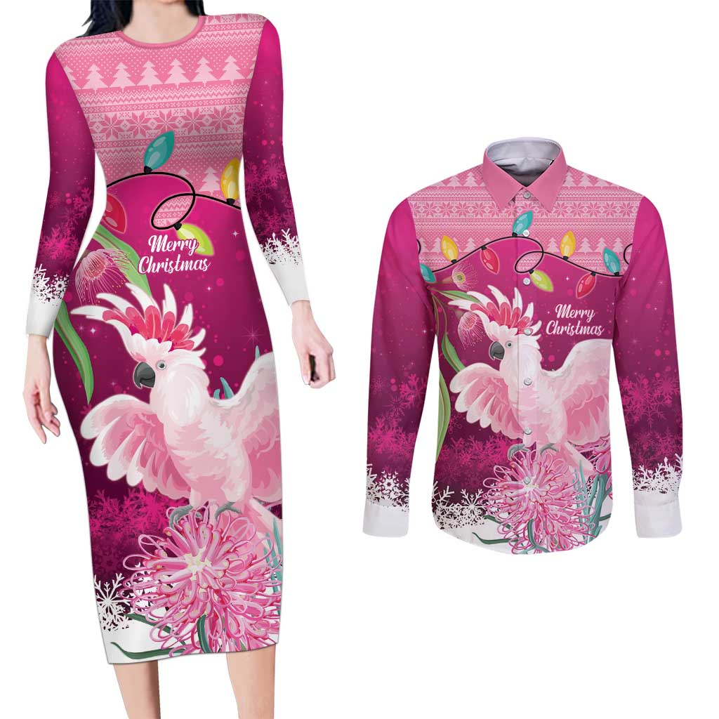 Pink Cockatoo Australia Christmas Couples Matching Long Sleeve Bodycon Dress and Long Sleeve Button Shirt Grevillea Eucalyptus Blossoms - Aussie Hoodie