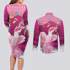 Pink Cockatoo Australia Christmas Couples Matching Long Sleeve Bodycon Dress and Long Sleeve Button Shirt Grevillea Eucalyptus Blossoms - Aussie Hoodie