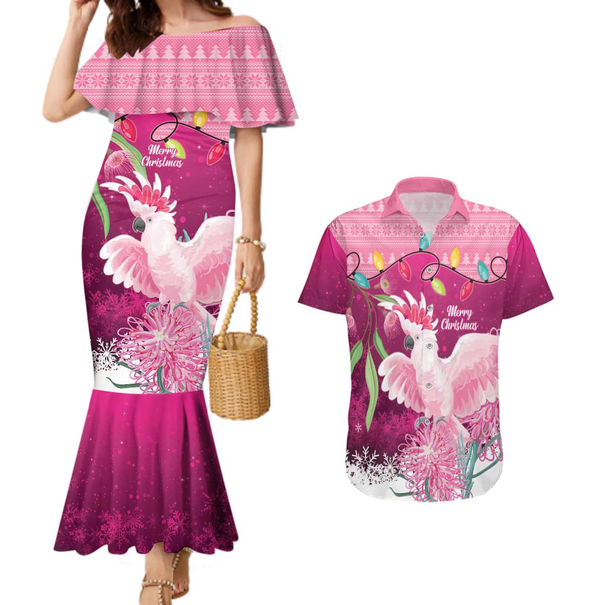 Pink Cockatoo Australia Christmas Couples Matching Mermaid Dress and Hawaiian Shirt Grevillea Eucalyptus Blossoms - Aussie Hoodie