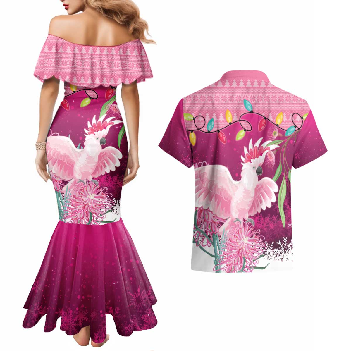 Pink Cockatoo Australia Christmas Couples Matching Mermaid Dress and Hawaiian Shirt Grevillea Eucalyptus Blossoms - Aussie Hoodie