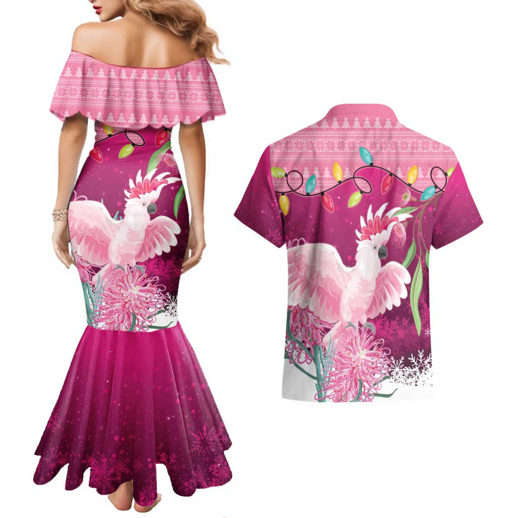Pink Cockatoo Australia Christmas Couples Matching Mermaid Dress and Hawaiian Shirt Grevillea Eucalyptus Blossoms - Aussie Hoodie