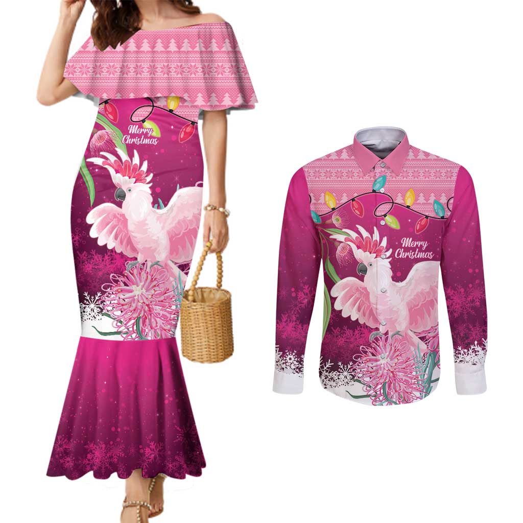 Pink Cockatoo Australia Christmas Couples Matching Mermaid Dress and Long Sleeve Button Shirt Grevillea Eucalyptus Blossoms - Aussie Hoodie