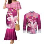 Pink Cockatoo Australia Christmas Couples Matching Mermaid Dress and Long Sleeve Button Shirt Grevillea Eucalyptus Blossoms - Aussie Hoodie