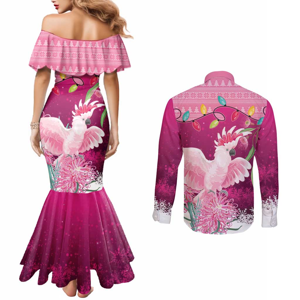 Pink Cockatoo Australia Christmas Couples Matching Mermaid Dress and Long Sleeve Button Shirt Grevillea Eucalyptus Blossoms - Aussie Hoodie