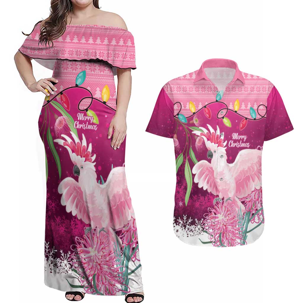 Pink Cockatoo Australia Christmas Couples Matching Off Shoulder Maxi Dress and Hawaiian Shirt Grevillea Eucalyptus Blossoms - Aussie Hoodie