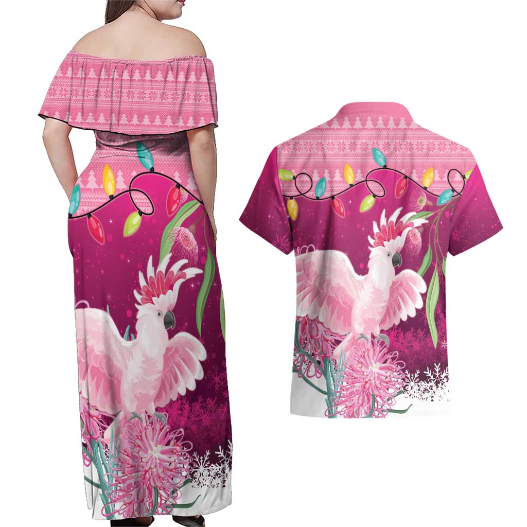 Pink Cockatoo Australia Christmas Couples Matching Off Shoulder Maxi Dress and Hawaiian Shirt Grevillea Eucalyptus Blossoms - Aussie Hoodie