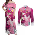 Pink Cockatoo Australia Christmas Couples Matching Off Shoulder Maxi Dress and Long Sleeve Button Shirt Grevillea Eucalyptus Blossoms - Aussie Hoodie