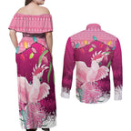 Pink Cockatoo Australia Christmas Couples Matching Off Shoulder Maxi Dress and Long Sleeve Button Shirt Grevillea Eucalyptus Blossoms - Aussie Hoodie