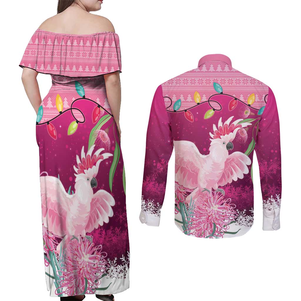Pink Cockatoo Australia Christmas Couples Matching Off Shoulder Maxi Dress and Long Sleeve Button Shirt Grevillea Eucalyptus Blossoms - Aussie Hoodie
